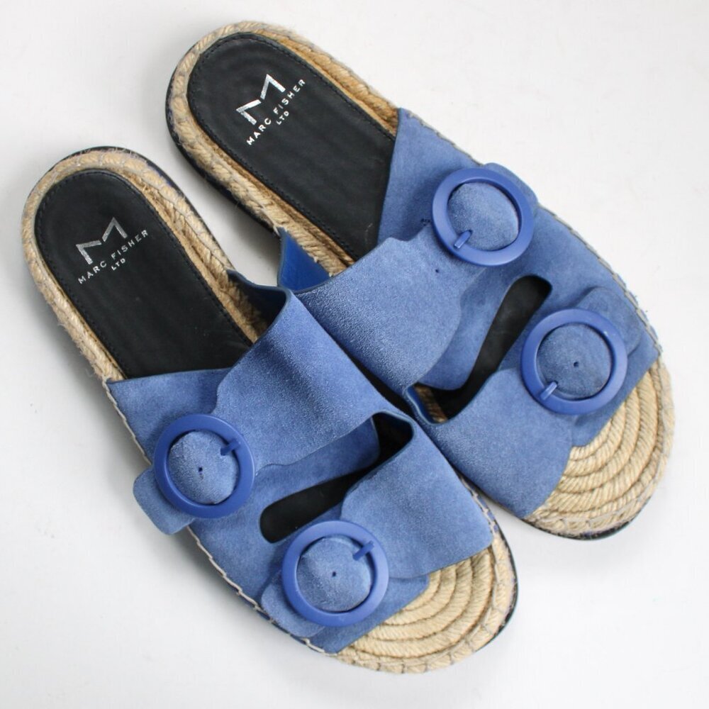 Marc Fisher Blue Suede Ramba Espadrille Strappy Buckle Slip-On Sandals Size 8